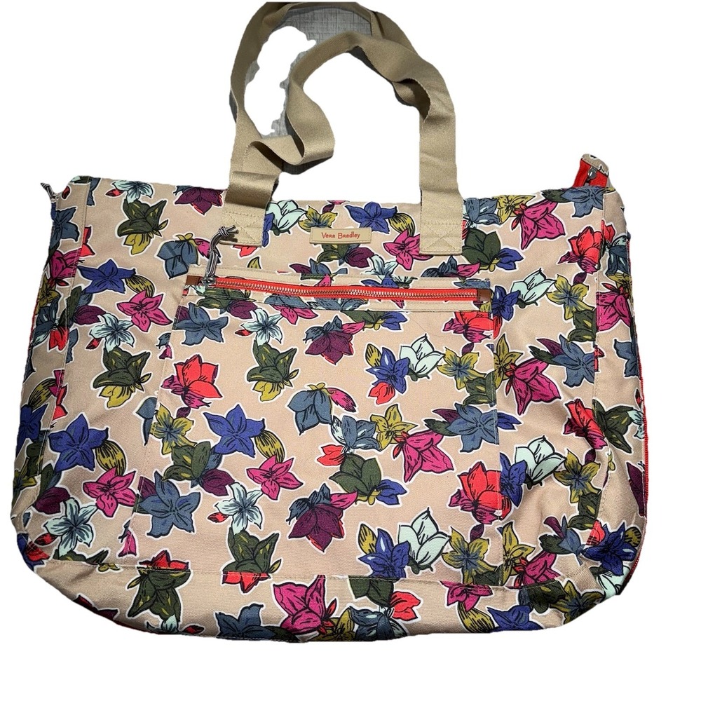 Vera Bradley Falling Flowers Tote Neutral Lighten Up Expandable Travel Gym Zip